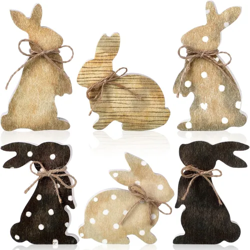 Vista 7 de Bememo 6 piezas de decoración de mesa de Pascua de conejo blanco, letreros de madera para centro de mesa, bandeja escalonada de Pascua, decoración