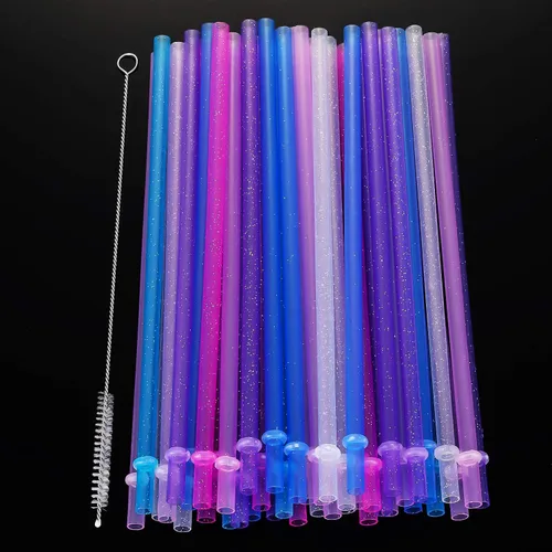 Vista 2 de 50 popotes reutilizables con purpurina de plástico de 9 pulgadas, pajitas de plástico transparente para beber de 16 onzas, 20 onzas con cepillo