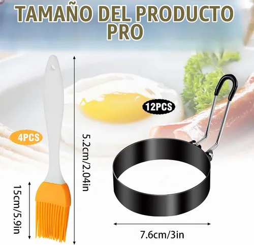 Vista 2 de 12 anillos de huevo para freír huevos, molde antiadherente para panqueques, molde de acero inoxidable con 4 cepillos de silicona, forma redonda