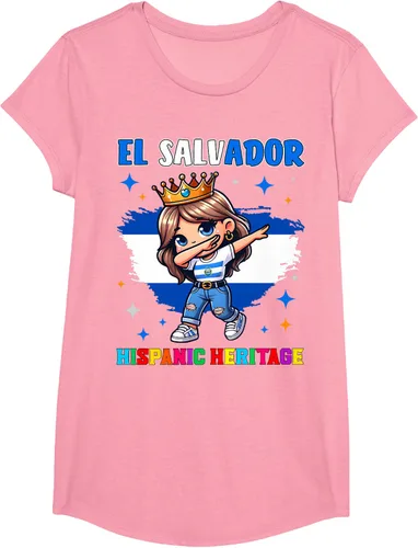 Vista 64 de Camiseta infantil El Salvador Dabbing Girl Hispanic Heritage Celebration, Negro