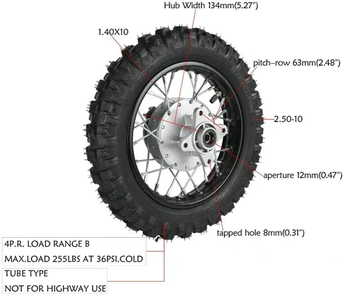 Vista 5 de Llanta Trasera de 2.50-10'' para Moto de Cross/Pit Bike, Llanta para Moto de Cross/Pit Bike de 110cc 90cc 70cc 50cc SUNL JOWAY Coo-lster PW50 TTR50
