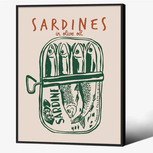 Vista 43 de Impresiones de Sardinas - Pósteres de pared de cocina de moda, diseño de rayas verdes, retro y moderna, estética de alimentos para el hogar