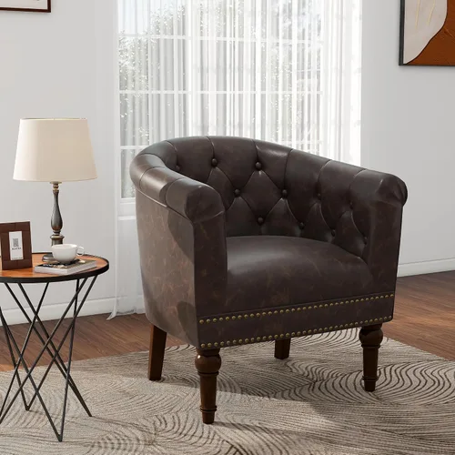 Vista 40 de Pia Ricco Silla de Acento Tipo Barril de Cuero Sintético, Silla de Club Moderna con Brazos, Cómoda Silla Individual Tapizada con Patas de Madera
