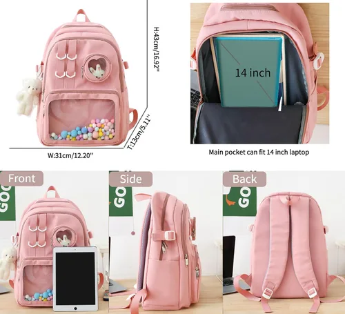 Vista 2 de Mochila Kawaii con bonitos accesorios de 15.6 pulgadas, bolsa de muñeca de oso estética, antirrobo, viaje, nuevo semestre, regalos, Rosado, Moderno