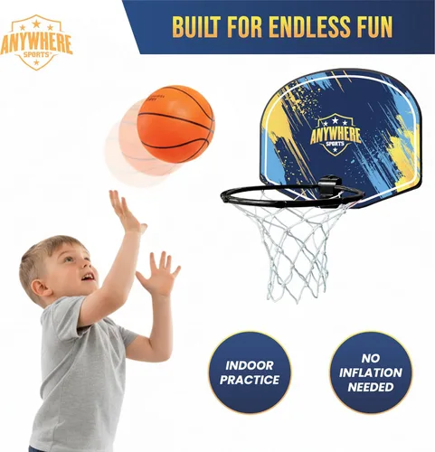 Vista 4 de Anywhere Sports Juego de baloncesto silencioso y aro – Sobre la puerta, juego silencioso para niños, fácil montaje con clip, incluye baloncesto