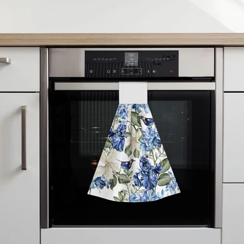Vista 7 de Juego de 2 toallas de mano colgantes de hortensias azules, acuarela, primavera, pájaro, con lazo para colgar, toallas suaves y absorbentes para baño