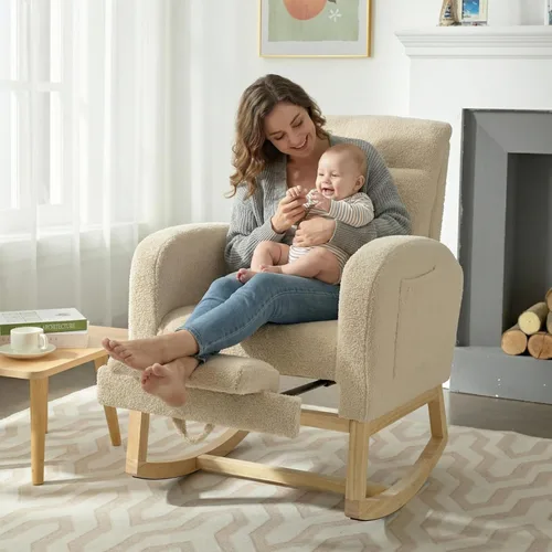 Vista 3 de NIOIIKIT Mecedora Moderna para Guardería, Mecedora Tapizada Teddy con Reposapiés, Cómoda Mecedora Deslizante con Bolsillo Lateral para Sala