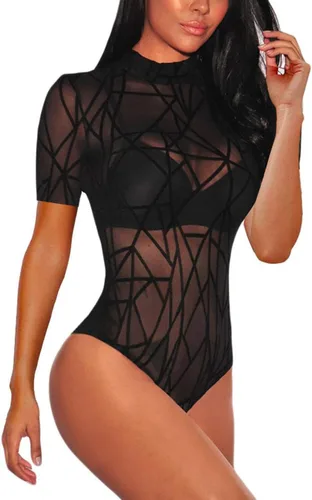 Vista 9 de Lrady Women's Short Sleeve Bodysuit Mesh Sheer Going Out Tops K#1 Negro
