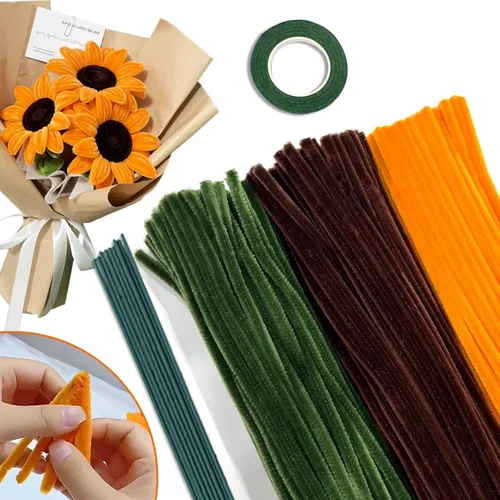 Vista 12 de URSDIART 311 piezas de limpiapipas azules para manualidades - Kit de fabricación de flores de tallos de felpilla, alambre grueso y esponjoso