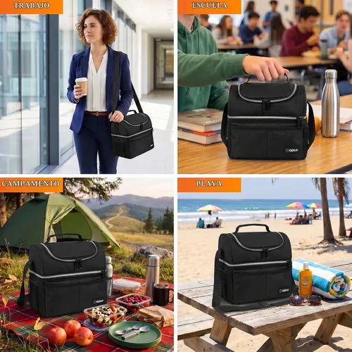 Vista 7 de OPUX Lonchera para hombres y mujeres, bolsa de almuerzo grande aislada para trabajo de adultos, lonchera de dos pisos para preparación de comidas