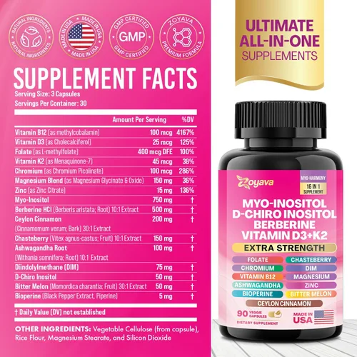 Vista 2 de Suplemento Myo Inositol 750mg, berberina 500mg, D-Chiro Inositol 50mg, Folato 400mcg, Cromo 100mcg, Canela de Ceilán 200mg, Ashwagandha 100mg, DIM