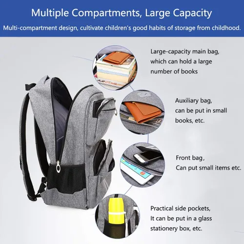 Vista 5 de HOPYOCK Mochilas para niños con múltiples bolsillos para escuela primaria y media para niños con diseño reflectante Gris 01 XL Mochilas tipo mochila
