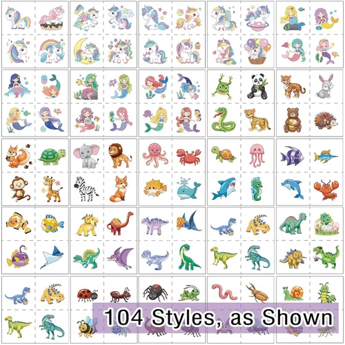 Vista 2 de 104 piezas de tatuajes temporales para niños para suministros de fiesta, pegatinas de tatuajes temporales de dinosaurios, unicornios y sirenas