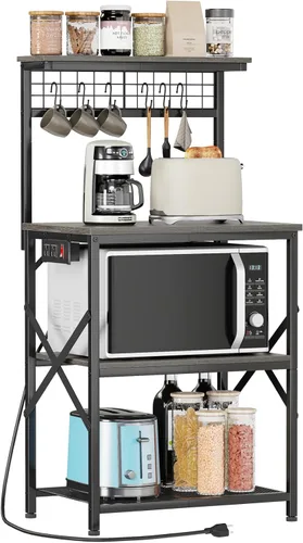 Vista 9 de Furologee Estante para hornear de cocina con toma de corriente, soporte para horno de microondas con almacenamiento de 4 niveles, mesa de café con 6