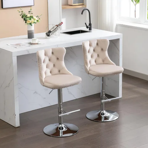 Vista 8 de Juego de 2 taburetes de bar de terciopelo beige, sillas de bar giratorias ajustables con respaldo