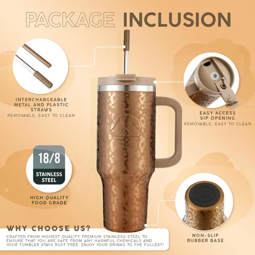 Vista 2 de FAHRMOSIS Vaso de 40 onzas con asa y pajita, taza aislada que cabe en el portavasos para bebidas frías y calientes, vaso a prueba de fugas