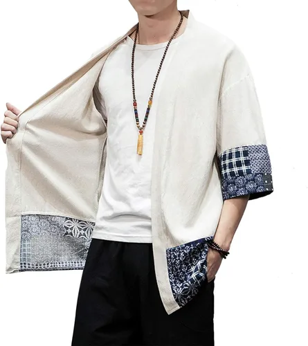 Vista 6 de PRIJOUHE Men's Kimono Jackets Cardigan Lightweight Casual Cotton Blends Linen Seven Sleeves Open Front Coat Outwear