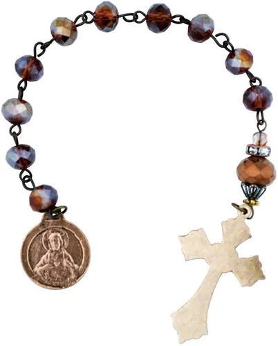 Vista 2 de Coronilla de bronce y plata Encanto de Notre Dame y rosario de crucifijo de doble cruz Hermosas cuentas de cristal marrón Oración cristiana, Metal