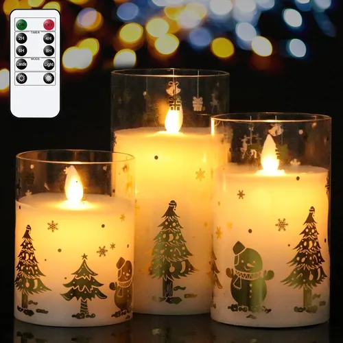 Vista 11 de Velas de cristal sin llama de casa de muñeco de nieve a pilas, con control remoto y temporizador; velas LED parpadeantes de cera real, luz blanca