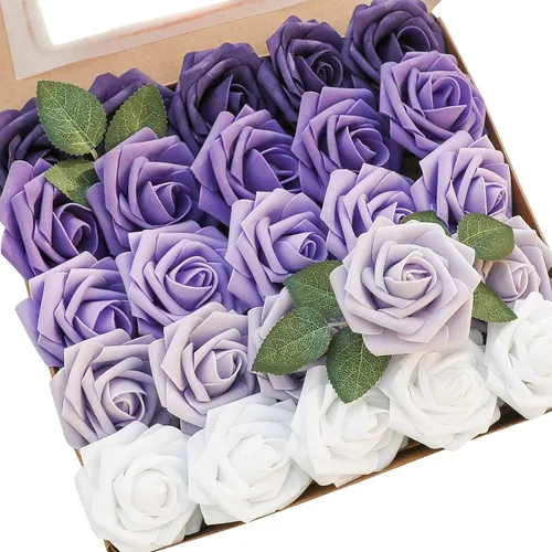 Vista 59 de Floroom Flores artificiales, 25 piezas de rosas falsas de espuma dorada antigua de aspecto real con tallos para ramos de boda DIY, centros de mesa