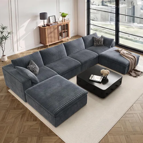 Vista 37 de 118" Cloud Couch Oversized Modular Sectional Sofa, Boneless L-Shaped 6 Seater Deep Seat Couch with Ottoman, Soft Corduroy Upholstery, DIY Negro