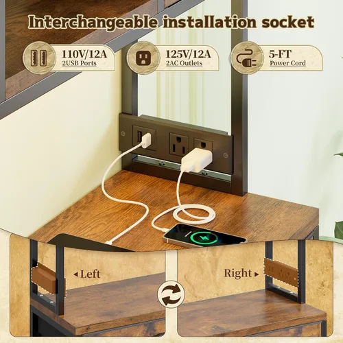 Vista 5 de Romorgniz Cómoda de 62 pulgadas de alto para dormitorio con luces LED y estación de carga, marrón Stable Steel Frame, Wood Top, Fabric Storage