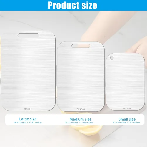 Vista 2 de Juego de 3 tablas de cortar de acero inoxidable, tablas de cortar de cocina de metal 304, no tóxicas con bordes sin rebabas, aptas