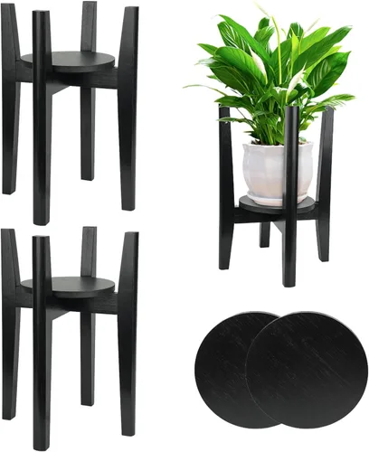 Vista 9 de Soporte ajustable para plantas con bandeja, soporte de madera para plantas de interior para macetas de 8 a 12 pulgadas, moderno soporte para macetas