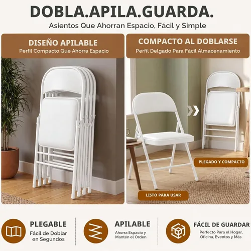 Vista 6 de Paquete de 4 sillas plegables blancas con cojín acolchado para exteriores, sillas plegables de metal comerciales apilables portátiles con marco