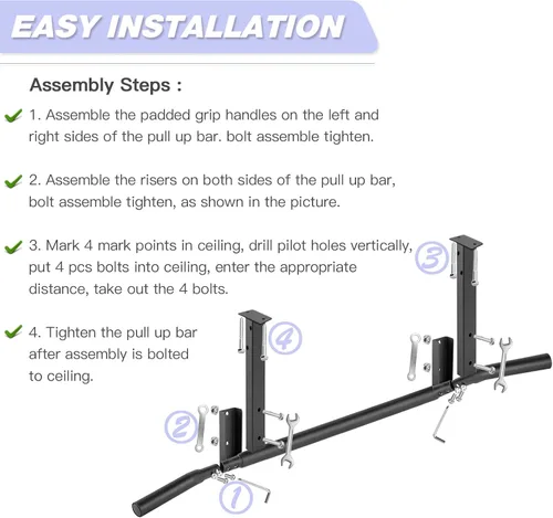 Vista 7 de ATENTO Pull Up Bar, Chin Up Bars Ceiling Mount, Workout for Home Gym, Beam, Crossfit - Heavy-Duty, Foam Grip, Easy installation