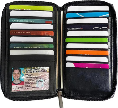 Vista 3 de Organizador de cuero genuino con cremallera para tarjetas de crédito para mujer, Negro