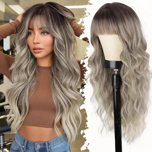 Vista 11 de Lativ Peluca castaña con flequillo para mujer, larga, ondulada, sintética Beginner Friendly,Natural Looking,Silky Smooth Texture,Heat Resistant
