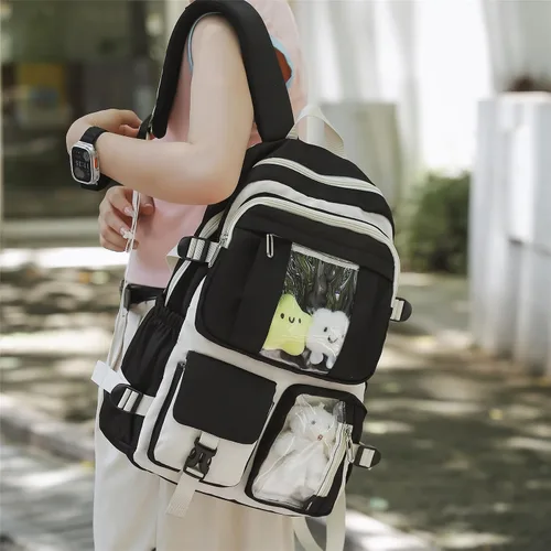 Vista 4 de HORHREAR - Mochila kawaii de 5 piezas para la escuela, bonita mochila transparente preparada con colgante estético para niñas y niños, bolsa primaria