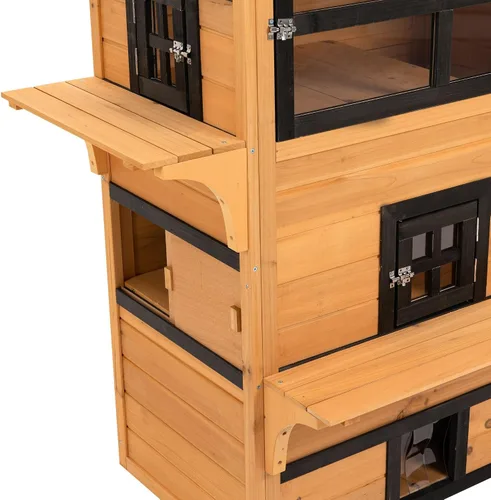 Vista 8 de 3-Tier Modular Cat House: Asphalt Roof, Lifted Floor, Escape Door + Jump Platforms, Yellow/Black Finish, 38.5x27x48in, Fir Construction, 10lb