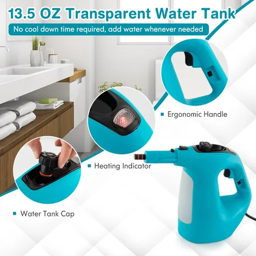Vista 4 de COSTWAY Limpiador de vapor multiusos de mano con 17 piezas, 11.8 fl oz, fregona de vapor de gran capacidad, agua de llenado continuo, vaporizador