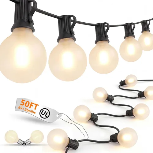 Vista 15 de Guirnalda de luces LED para exteriores, G40, de 25 pies, impermeable, con 27 bombillas inastillables, luces colgantes de decoración de Navidad al