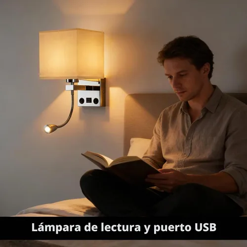 Vista 3 de Apliques de pared con cableado moderno para dormitorio con puerto USB y lámpara de lectura, lámparas de pared de noche para hotel, sala de estar