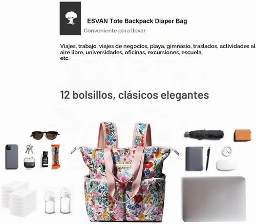 Vista 5 de ESVAN Bolsa de pañales Totepack Mochila 2 en 1 para mujer, multifuncional, de gran capacidad, con bolsillos aislados, viaje