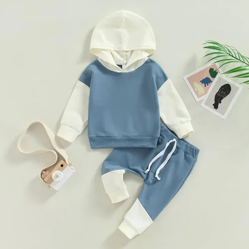 Vista 9 de Ropa de bebé niño 3 6 9 12 18 24M 3T Conjunto de pantalones con capucha patchwork sudadera con capucha pantalones de rayas traje de otoño invierno