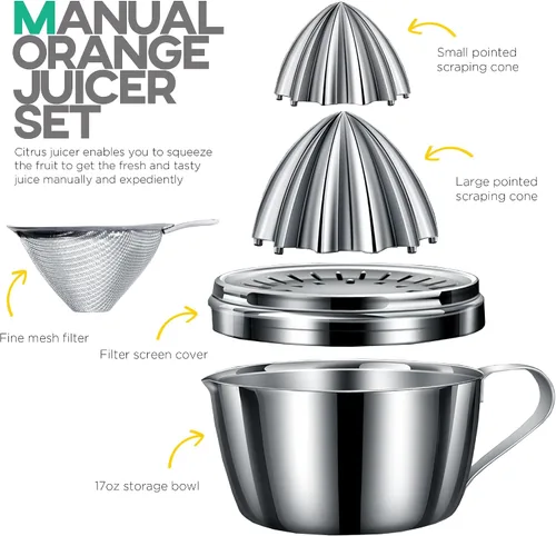 Vista 6 de Homestia Exprimidor manual de cítricos de acero inoxidable – Exprimidor de toronja de naranja limón con 2 conos desmontables, cuenco de 14 onzas