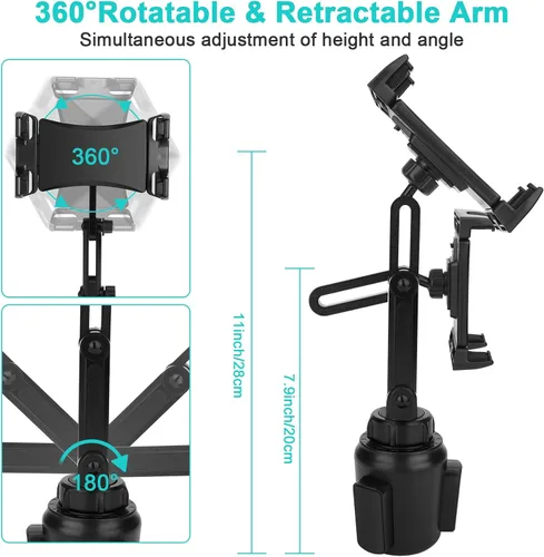Vista 6 de Cup Holder Car Tablet Mount, Universal 360° Rotation Adjustable Long Arm Holder Stand for iPad Pro 12.9/11/10.5/9.7/Air/Mini 6/5/4, Galaxy Tab/Z