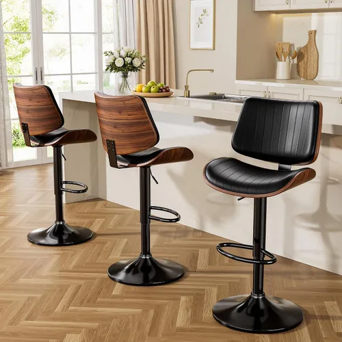 Vista 3 de YaFiti Taburetes de bar ajustables, modernas sillas giratorias de piel sintética con respaldo, taburetes de isla de cocina sin brazos, color negro