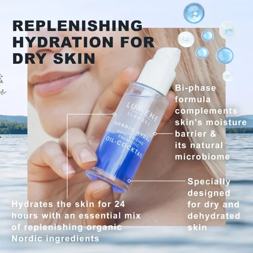 Vista 4 de Lumene Nordic Hydra - Aceite prebiótico hidratante para cóctel – Aceite facial bifásico nutritivo para piel deshidratada y reparación de barreras