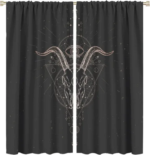 Vista 28 de BAEKJIN Cortinas de cabeza de cabra, diseño de calavera malvada, bruja, símbolo misterioso, bolsillo para barra, cortinas opacas para ventana, juego