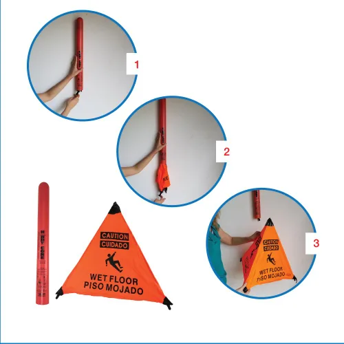 Vista 3 de Letrero de suelo mojado de precaución naranja (ENG/SPAN) Handy Cone con tubo de almacenamiento "3-PACK