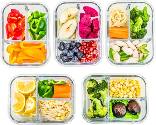 Vista 2 de C CREST Paquete de 5 recipientes de vidrio con 3 compartimentos, 34 onzas, recipientes de vidrio divididos para almacenamiento de alimentos