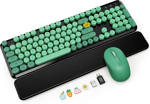 Vista 11 de Combo de teclado y mouse inalámbricos con reposamuñecas magnético, teclas redondas, teclado retro de tamaño completo, patas inclinables de dos Azul