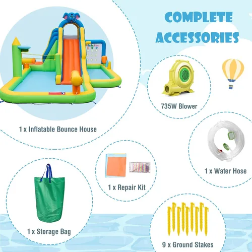 Vista 5 de HONEY JOY Tobogán acuático inflable, tobogán acuático de elefante 9 en 1 para patio trasero de niños, piscina de chapoteo, punta de tac, pared