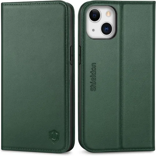 Vista 13 de SHIELDON Funda para iPhone 13, de piel auténtica, con función atril, bloqueo RFID, tarjetero de crédito, a prueba de golpes, protección completa