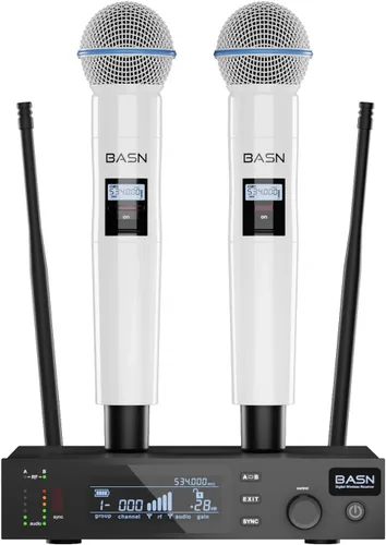 Vista 9 de BASN UHF Sistema de micrófono inalámbrico de doble canal, micrófonos de mano para escenario, karaoke, bodas, DJ y eventos (negro)